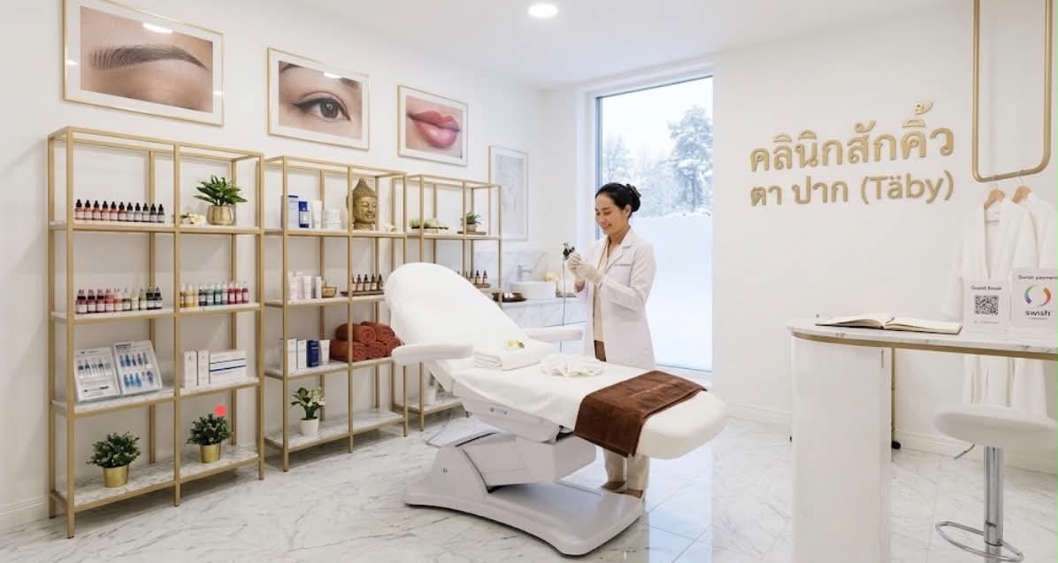 Beauty & Spa klinikrum med behandlingsbädd och produkter hos Thai Square Täby