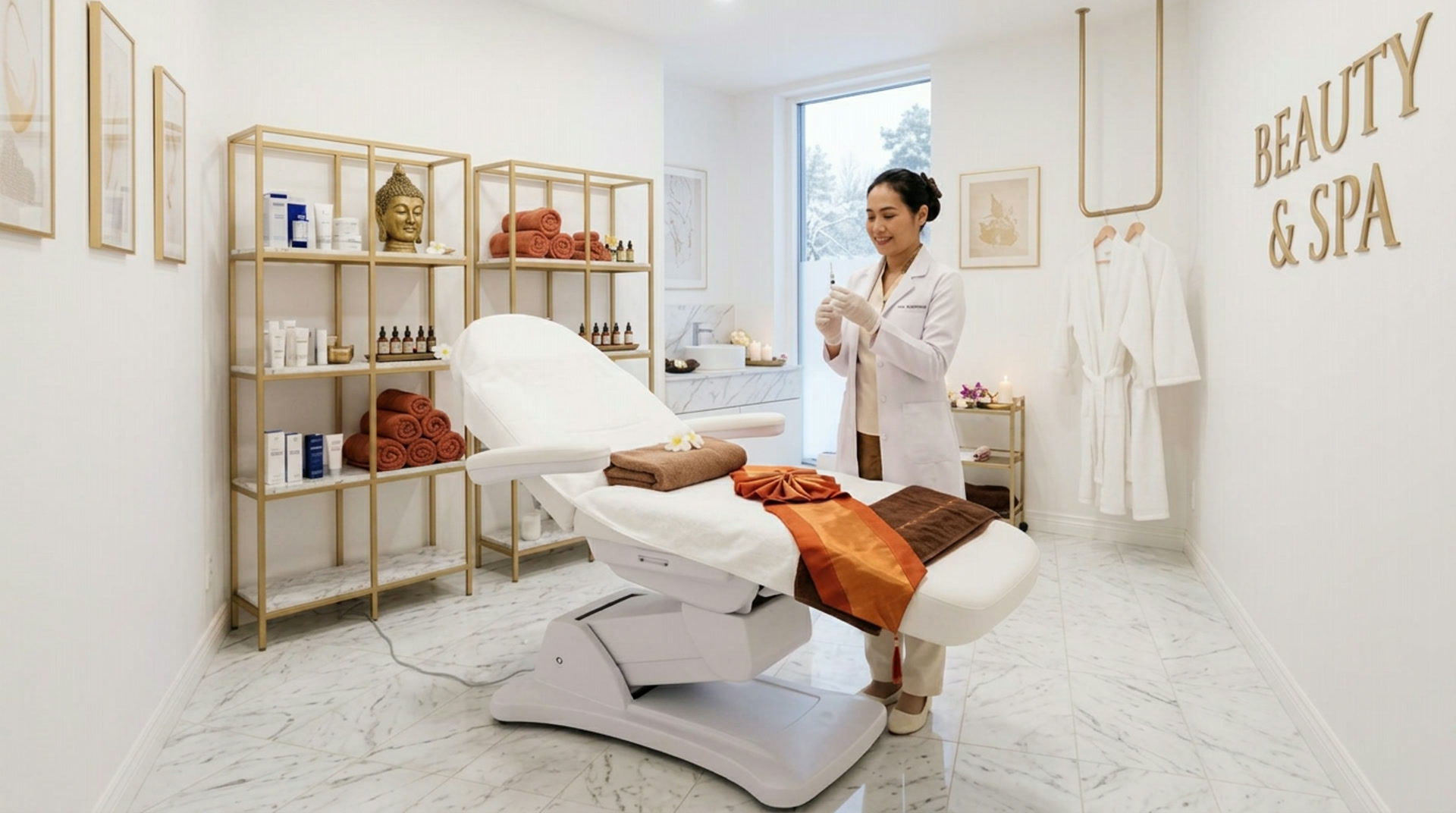 Modernt behandlingsrum med massagebädd och Beauty & Spa-inredning hos Thai Square Täby